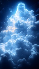 Naklejka premium Skyward Majesty: Captivating aerial view of a cumulus cloud formation illuminated by a radiant heavenly light, presenting a spectacle of nature's artistry in the vast expanse of the sky. 