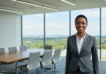 smiley businesswoman in conference room, with copy space, beautiful background, Ai Genarated