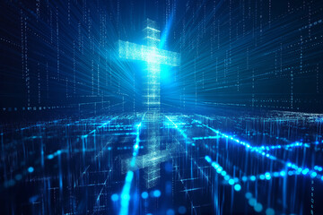 Illuminated Cross in a Heavenly Blue Light with High-Tech Aesthetic. Digital religion concept. Generative AI