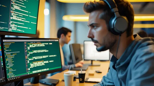 Focused Software Developer Coding on Multiple Monitors in a Modern Office Environment with Headphones and Dark Mode

