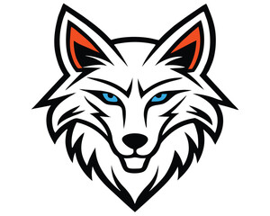 Fototapeta premium A stylized logo with in blue, white, red, and orange. The orange color is used for the stylized Wolf head. The Wolf head has its eyes closed and its mouth open. The background is black.