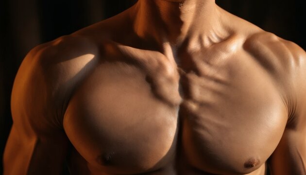 Muscular Chest and Shoulders of a Male Body in Warm Light with Defined Features
