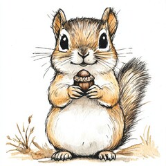 Watercolor squirrel holding acorn, curious expression, sweet face.