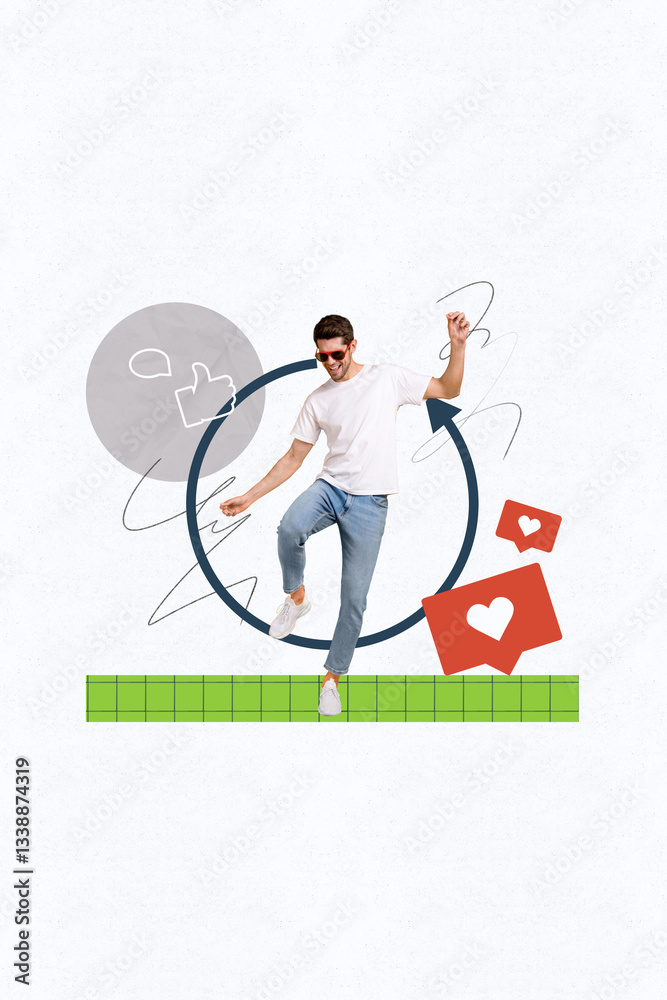 Poster Trend image vertical photo collage of happy man receive like notification bubble icon feedback click subscriber share heart