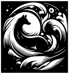black and white fox abstract vector illustration animal silhouette pattern design