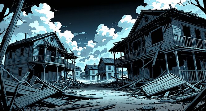 Dark and foreboding abandoned ghost town with collapsed wooden buildings building design on manga design illustration background