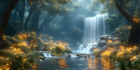 Fototapete Wartezimmer Mystical Waterfall: An enchanting scene unfolds as a serene waterfall cascades into a calm pond within a lush, vibrant forest, creating a sense of wonder and tranquility.  © alex