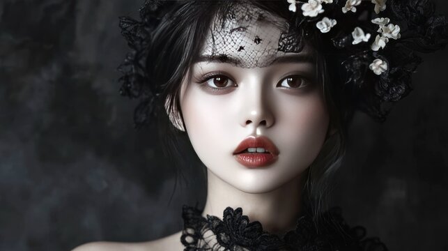 A young woman with elaborate headpiece and lace