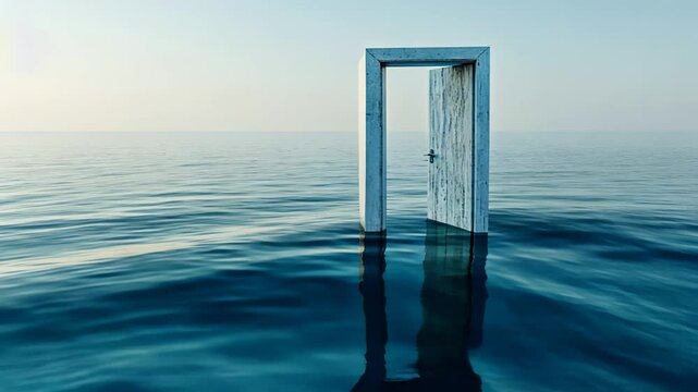 Mystical open doorway emerges in tranquil ocean at dawn