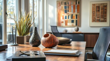 an office table decorated with art pieces or sculptures.