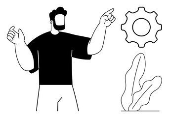 Bearded man gesturing at a gear beside abstract leafy shapes, suggesting ideas of settings, growth, innovation, productivity, teamwork, learning, and goal-setting. Perfect for a flat simple metaphor
