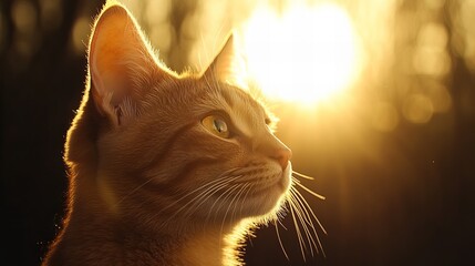 Orange tabby cat gazes intently into the bright sunlight outdoors, with a dark background highlighting its silhouette and facial details like its whis