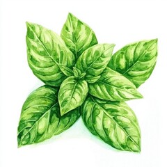 Obraz premium Fresh basil leaves, watercolor on white background, boho style.