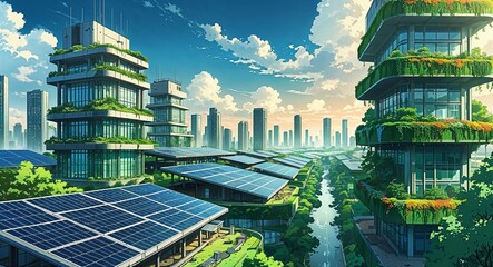 Obraz premium Futuristic self sustaining green city with solar panels and vertical gardens building design on manga design illustration background