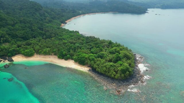 Aerial backwards view from Banana beach and Burra beach at background at Ilha do Principe (Prince Island) Sao Tome,Africa