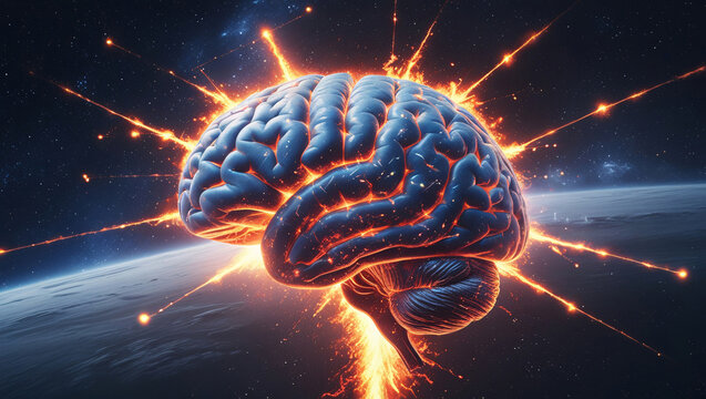 Ultra-Realistic Watercolor of Brain Exploding into Supernova in Deep Space, Highlighting Neural Connections and Cosmic Dust