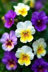 Variegated violet primrose aerial view; white, yellow, purple blossoms , primrose, flower