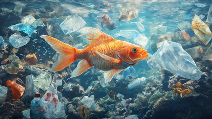 Naklejka premium underwater scene of a coral reef filled with plastic debris, featuring a reddish-orange fish swimming amidst swirling plastic bags