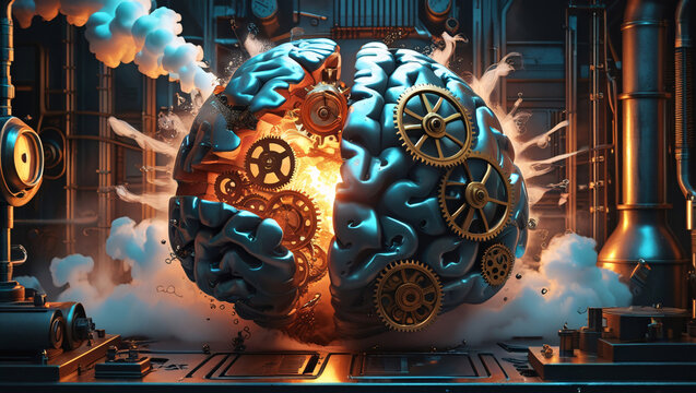 Mechanical Brain with Gears, Cogs, and Steam Exploding in Steampunk Style, Depicting Mental Overload in a High-Tech World