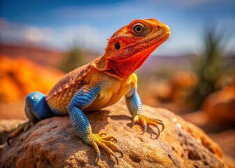 Orange Headed Agama Lizard Basking on Rock, Vivid Desert Landscape