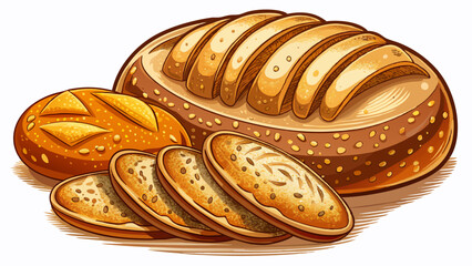 Freshly baked multigrain bread loaves isolated on a transparent background showcasing their golden crust and seeded texture, Isolated fresh baked flat multigrain bread