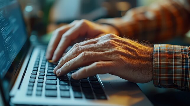 Close up of Mature Man s Hands Typing on Laptop Keyboard Code on Screen