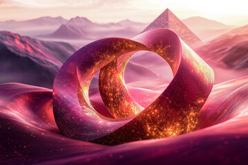 Impossible pyramid Mobius loop with levitating interlocking rings