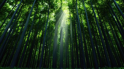 Fototapeta premium Sunlight filtering through dense forest canopy nature exploration beautiful green environment tranquil viewpoint