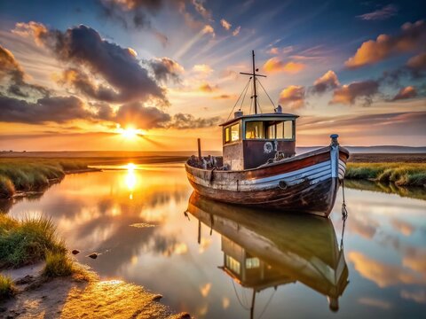 Old Fishing Boat at Thornham Harbour, Norfolk, England - Sunrise Backlit