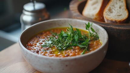 Delicious Lentil Soup Garnished with Fresh Herbs and Bread Slices