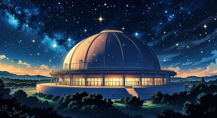 Obraz premium Large domed planetarium with stars projected onto the night sky building design on manga design illustration background