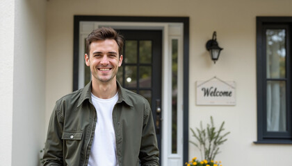 Smiling young man welcomes guests in front of house