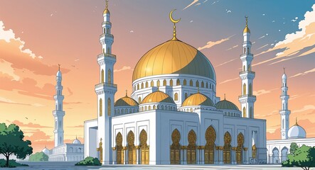 Large white and gold mosque with a towering minaret building design on manga design illustration background