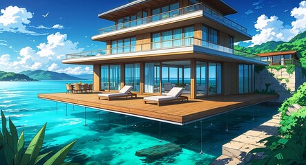 Fototapeta premium Luxurious floating ocean villa with a wooden deck and lounge chairs building design on manga design illustration background