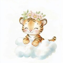 Naklejka premium Cute baby tiger with a floral crown sitting on a cloud, radiating innocence and joy.