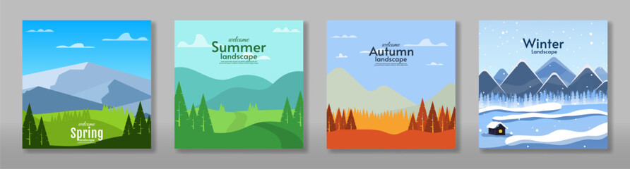 Obraz premium Vector illustration. Set of 4 season landscape illustration. Flat style landscape illustration. Winter, spring, summer, autumn vector landscape. Mountains with field, hills and forest.