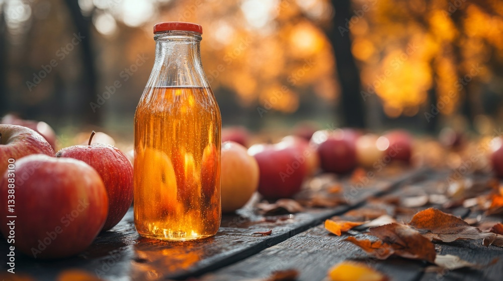 Poster a bottle of fresh apple juice stands on a rustic wooden table, surrounded by bright red apples and v