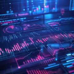 Fototapeta premium Futuristic Data Visualization Interface Showing Complex Financial Market Information and Charts Graphs