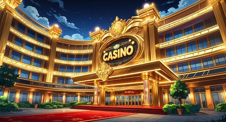Massive golden casino with glowing lights and red carpeted entrance building design on manga design illustration background