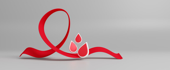 World Blood Cancer Day concept with red cancer awareness ribbon. Red awareness ribbon, Oncology and leukemia concept. Blood Cancer Awareness Month. Medicine and science. 3d rendering illustration