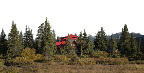 Panorama with a mountain lodge with red roof surrounded by trees and mountain in the distance and transparent sky. Near Banff Canada
