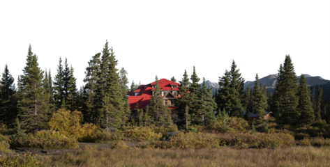 Panorama with a mountain lodge with red roof surrounded by trees and mountain in the distance and transparent sky. Near Banff Canada