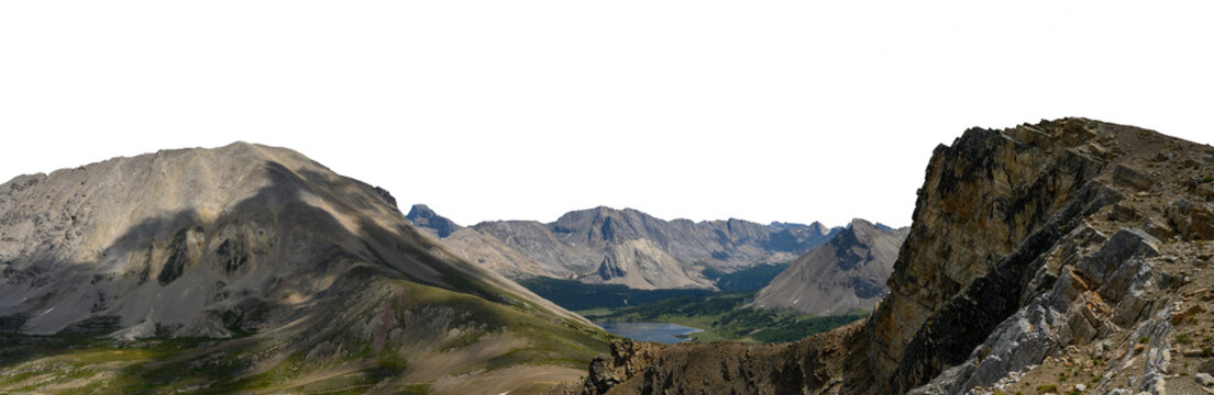 Panorama with rocky mountains a distant lake a hiking trail and transparent sky. Near Banff Canada on Skoki Trail

