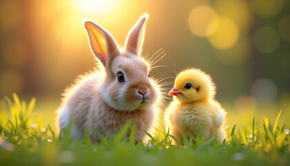 Rabbit and chick enjoying nature's beauty in a sunlit field