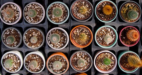 Tiny cacti of different species in small round multi-colored pots. Top view. Garden Center