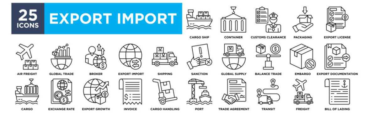 Export import icon collection set. Containing cargo ship,customs clearance,global supply,shipping,export license icon. Simple line vector.
