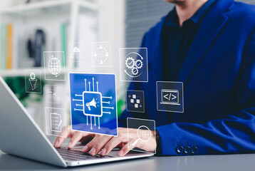 Marketing automation and digital strategy concept. businessman working on laptop with marketing automation, analytics, growth strategy, digital marketing, AI-driven advertising, business optimization,