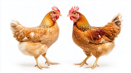 Fototapeta premium Two chickens with red beaks and red combs facing each other