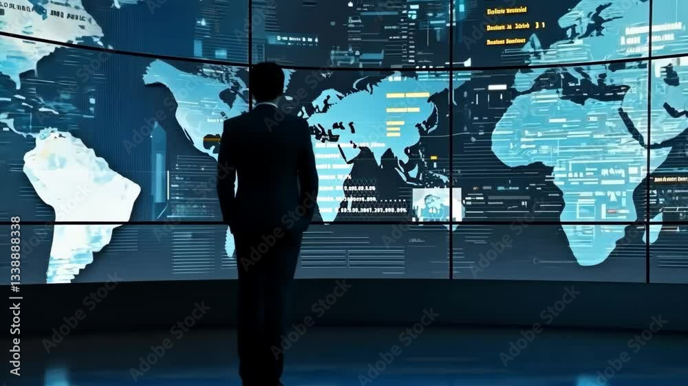 Poster a silhouette of a business professional stands in a modern control room, surrounded by digital displ
