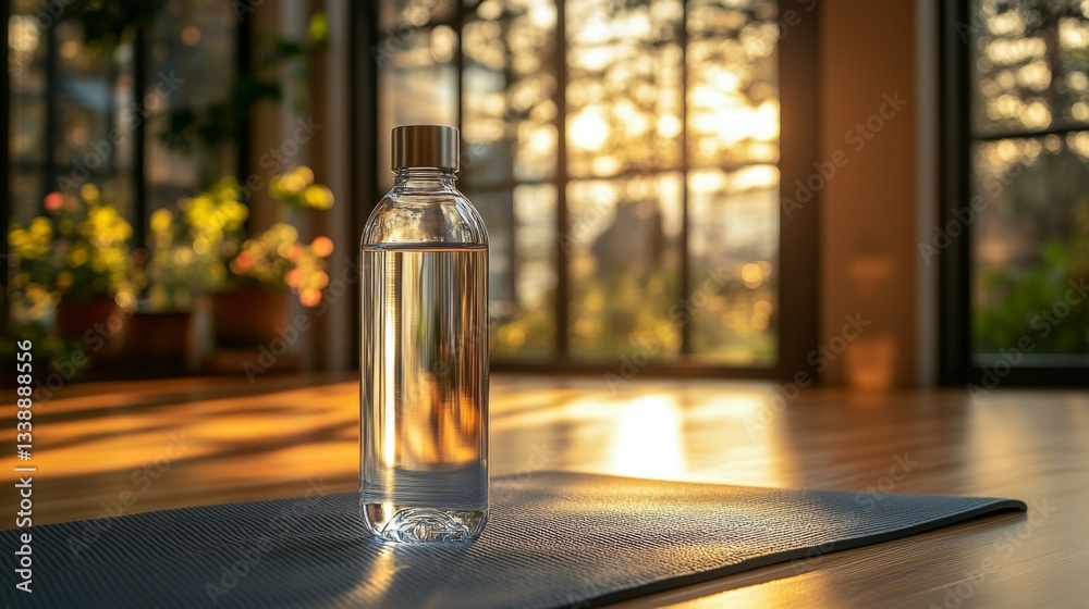 Aufkleber a clear water bottle sits on an exercise mat in a tranquil room, displaying warm sunlight filtering 